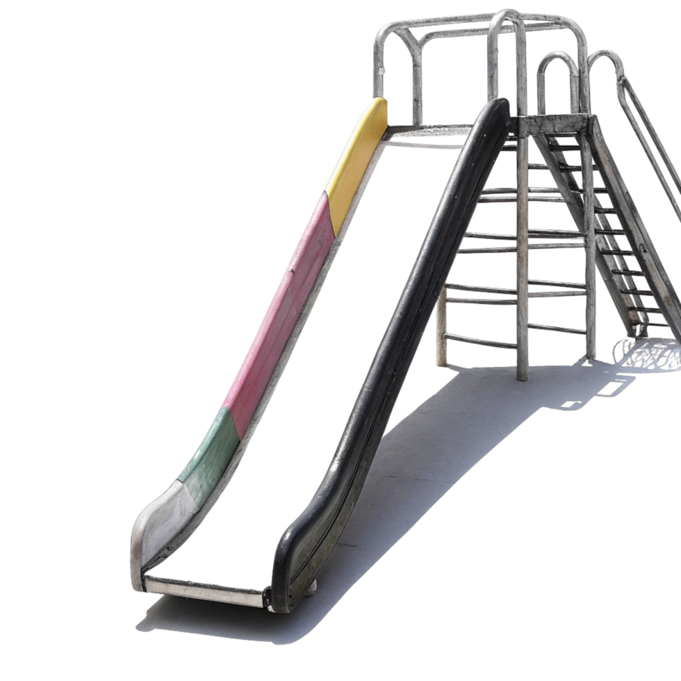 A weathered metal playground slide with colorful side panels and a metal ladder png