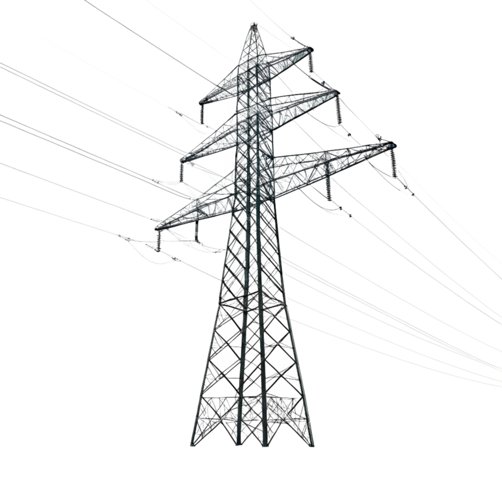 Highvoltage power transmission tower with multiple power lines against a black background png