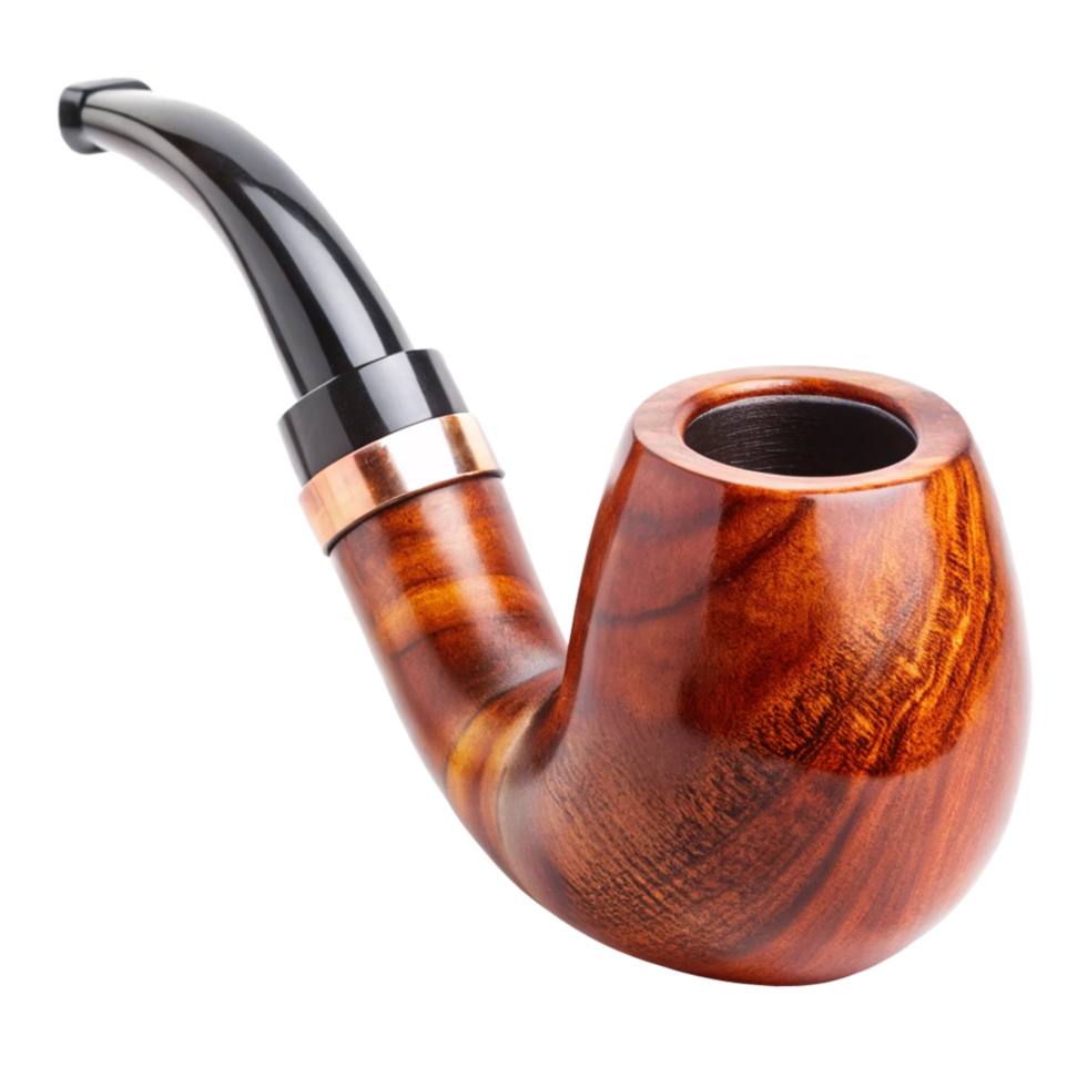 Highquality image of a classic wooden tobacco pipe with a black mouthpiece and copper band png