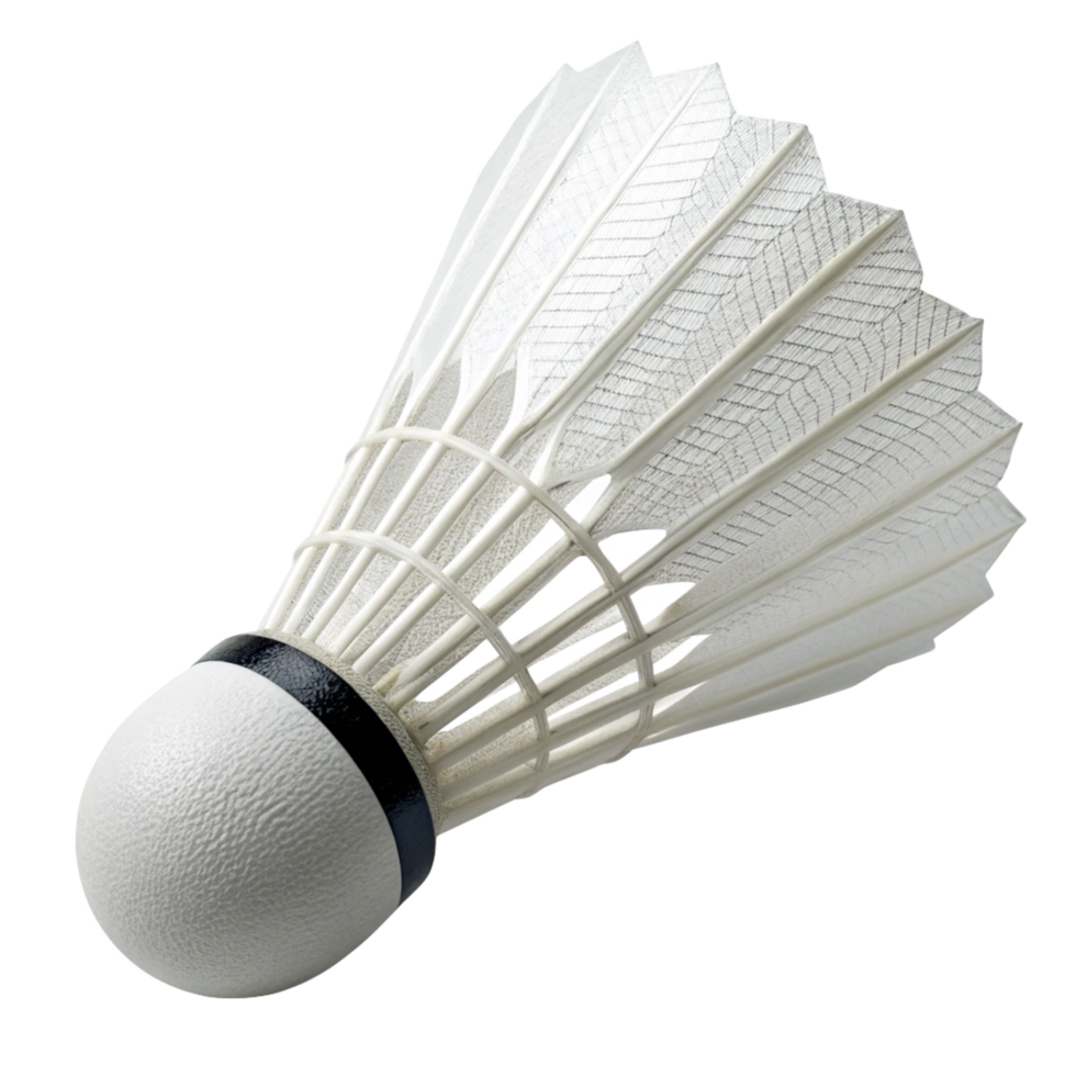 Closeup view of a single white nylon badminton shuttlecock with a textured cork base and black band png
