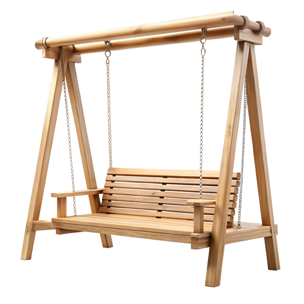 A Wooden Outdoor Swing Bench with Slats and Chains png