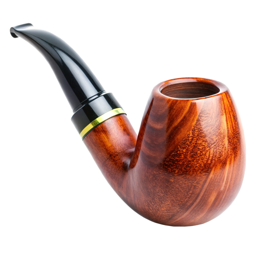 Highquality handcrafted wooden tobacco pipe with a black mouthpiece and a golden band png