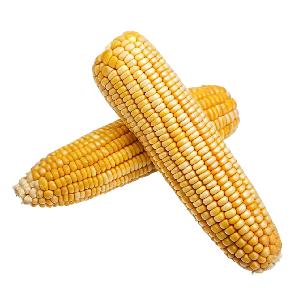 Two Golden Ears of Sweet Corn Isolated on Black Background png