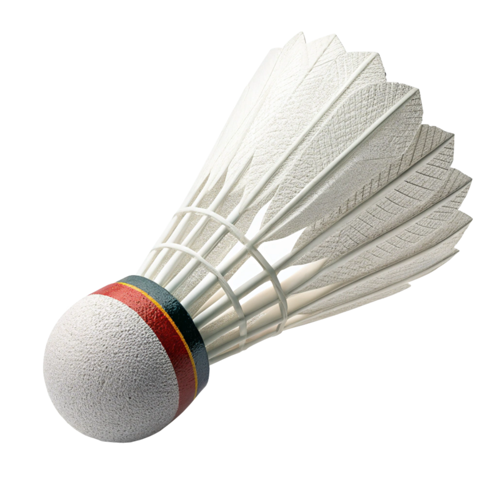 Closeup view of a single white badminton shuttlecock with detailed textured feathers and a colorful base png
