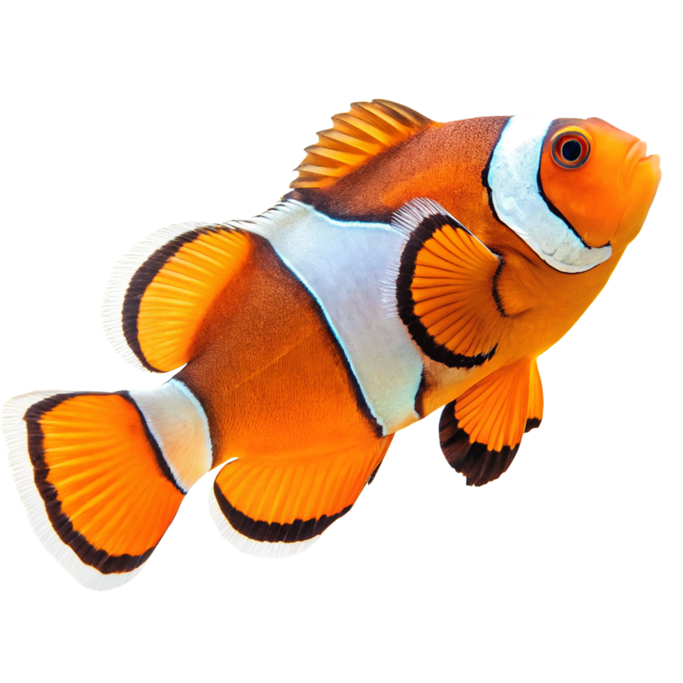 Vibrant Orange and White Clownfish Swimming in Dark Background Detailed Closeup View png