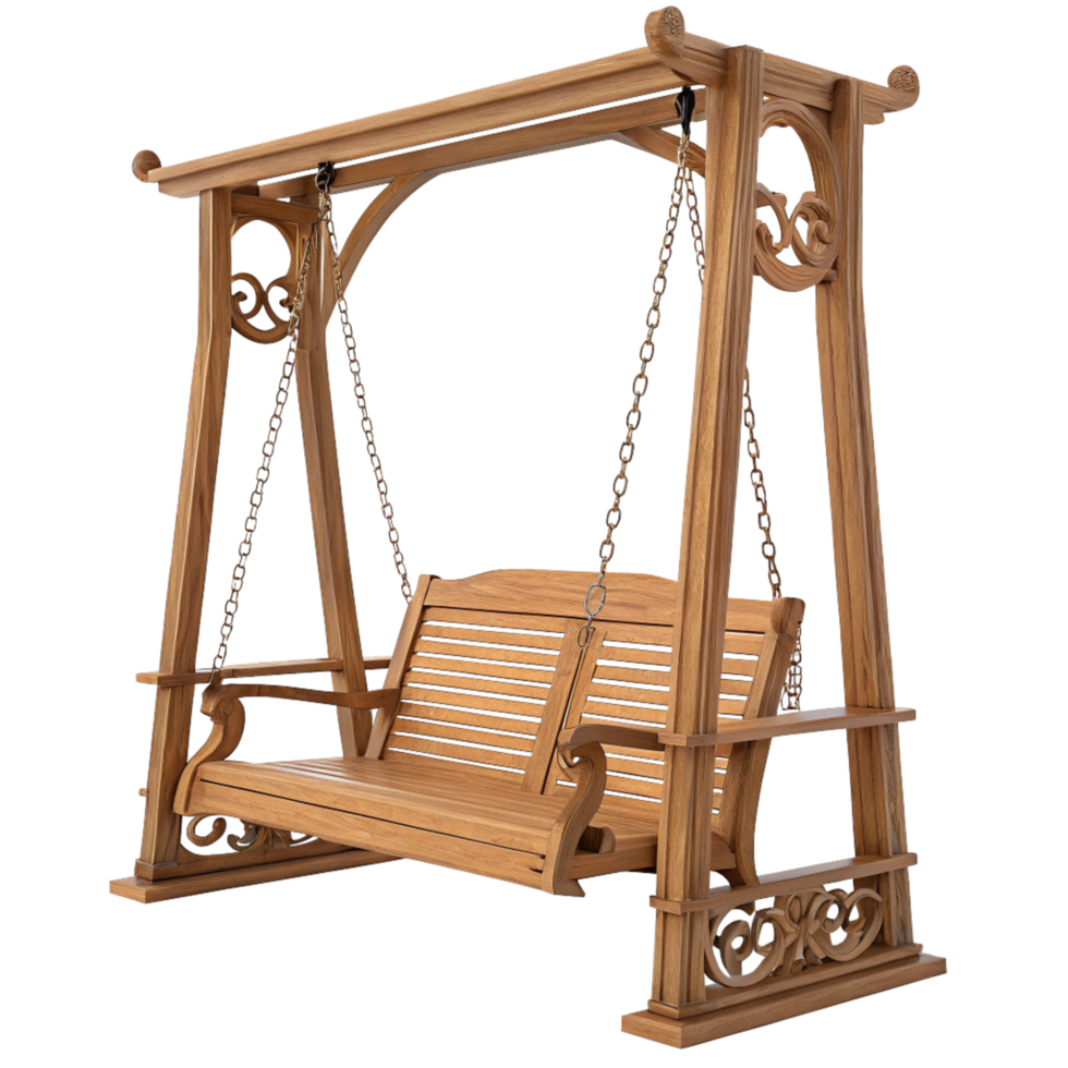 Elegant Wooden TwoSeater Swing with Intricate Carvings and Golden Chains png
