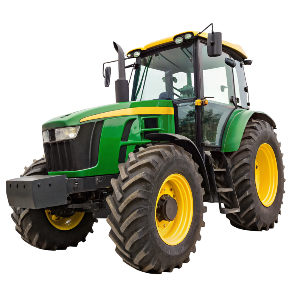 Powerful Green Tractor with Large Tires and Yellow Wheels for Farming and Agriculture png