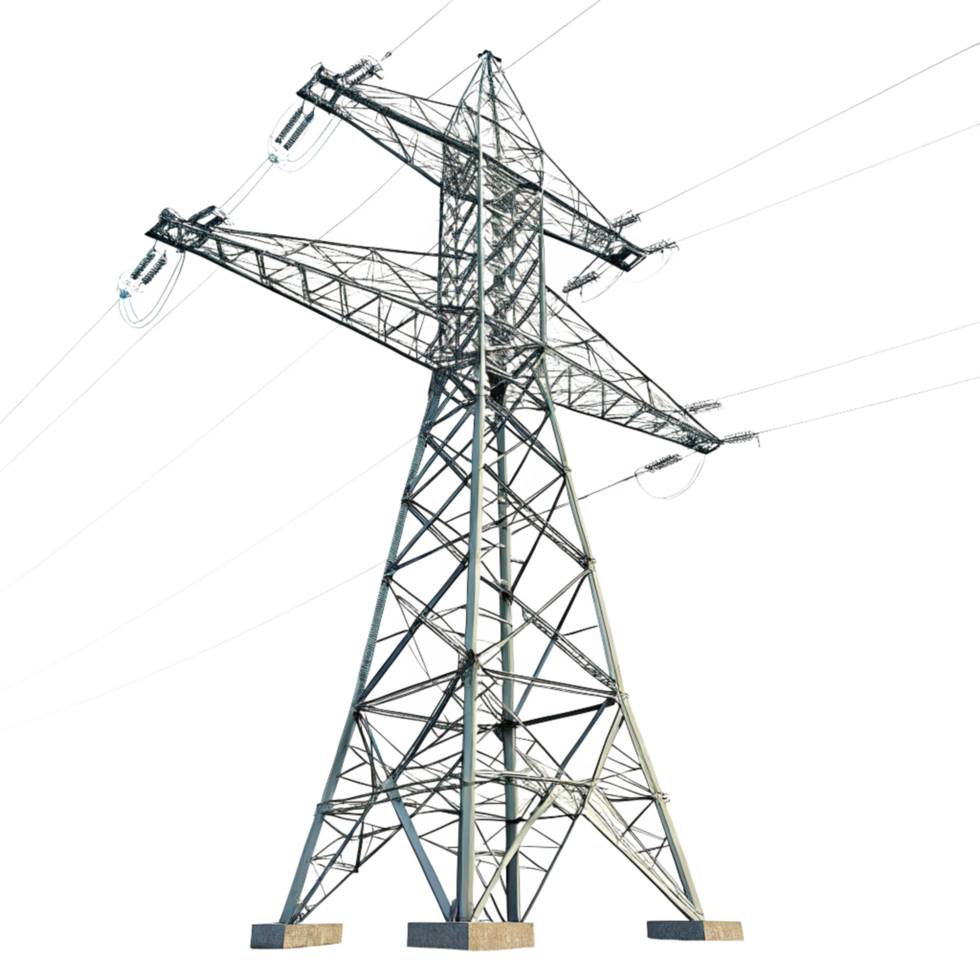 Highvoltage power transmission tower electricity pylon energy infrastructure grid electrical system steel structure metal framework support wires cables energy distribution network png