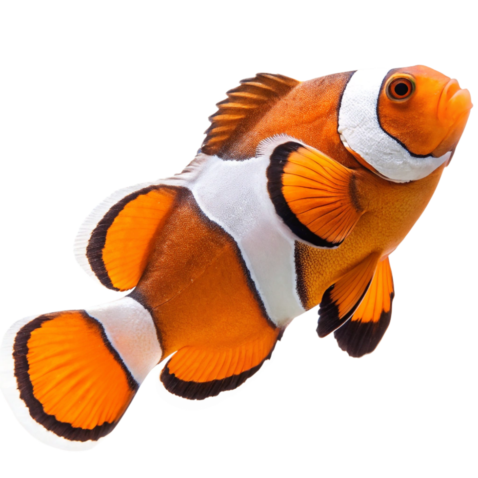 Stunning Orange and White Clownfish with Striking Black Accents Swimming Against a Black Background png