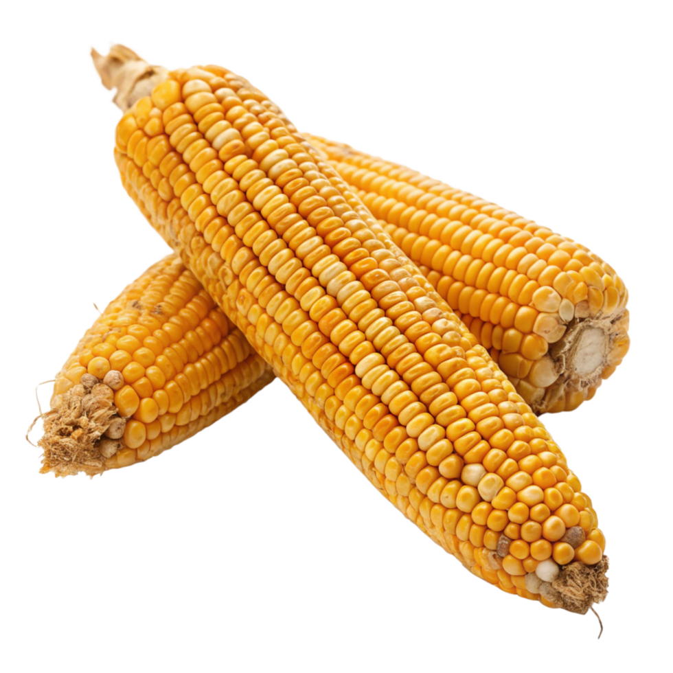 Two ears of ripe yellow corn on the cob, showcasing the kernels and the dried husk png
