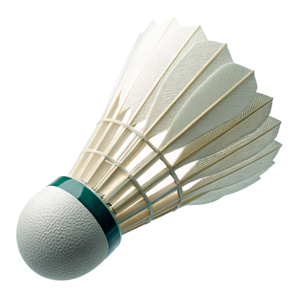 Closeup view of a single white badminton shuttlecock with green base isolated on black background png