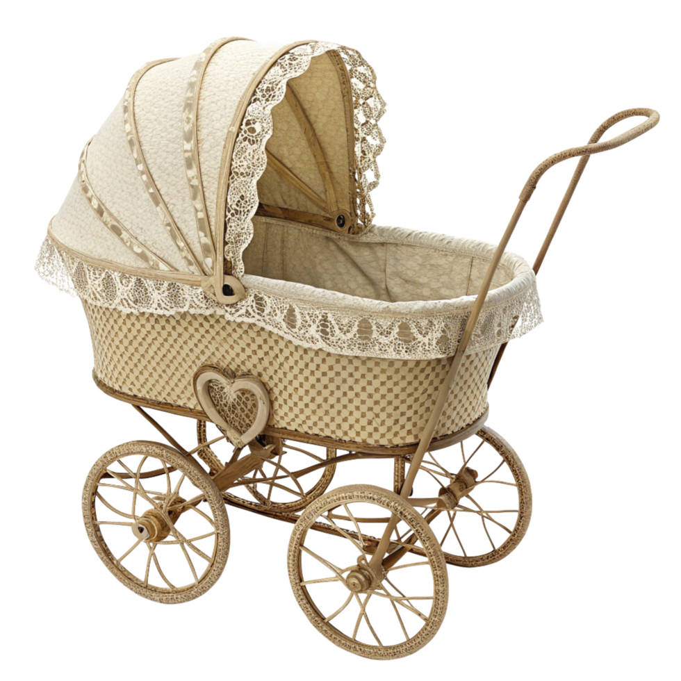 Antique Baby Carriage with Lace and Wicker Design, Elegant and Vintage Style, Beautiful Baby Stroller png