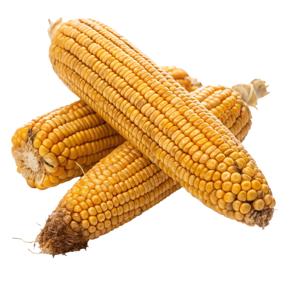 Closeup of Two Dry Yellow Corn Cobs with Visible Kernels and Roots png