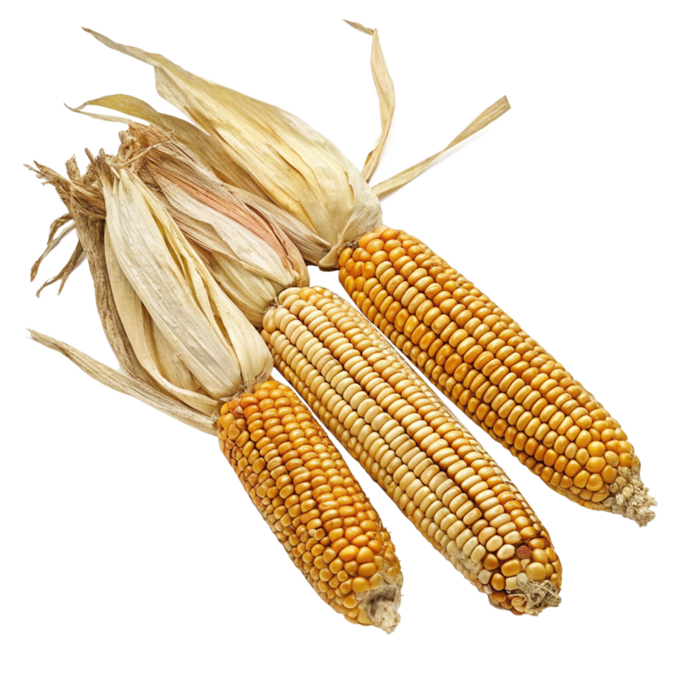Three Ears of Dried Corn with Husks Showing Details of Kernels and Texture png