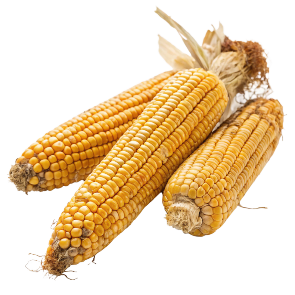 Three ears of dry yellow corn on the cob with husks png