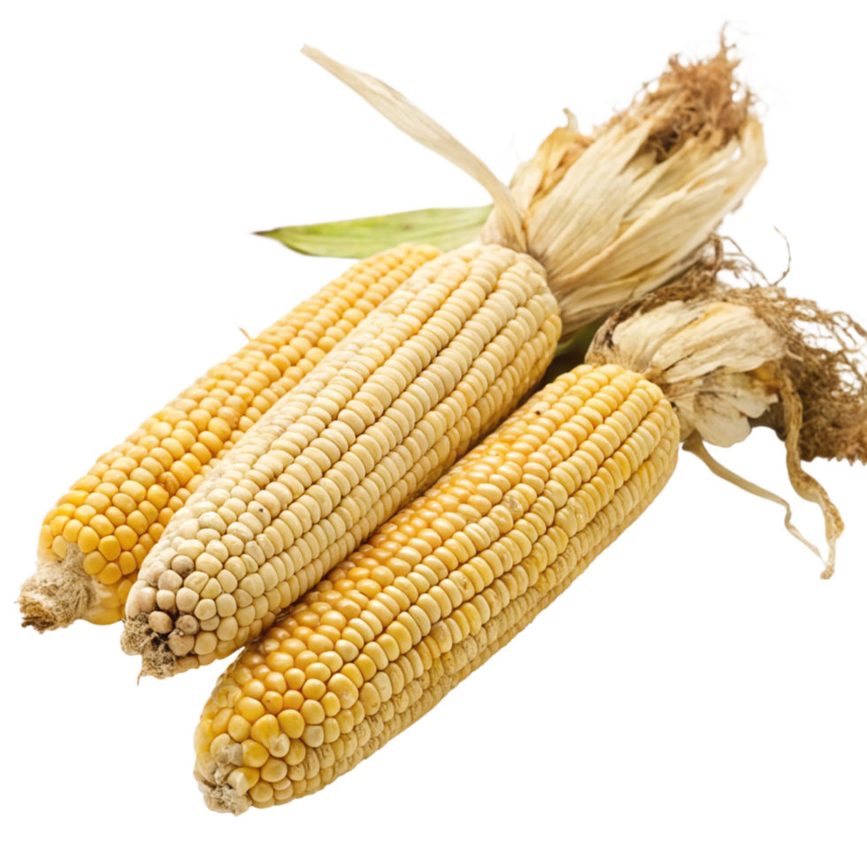 Three Ears of Dried Corn Closeup Showing Kernels and Husks png