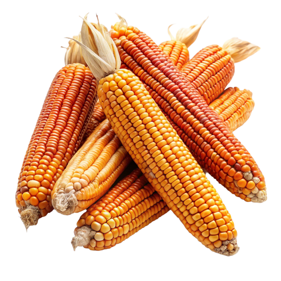 A Closeup View of Several Ears of Dried Orange Corn on a Black Background png