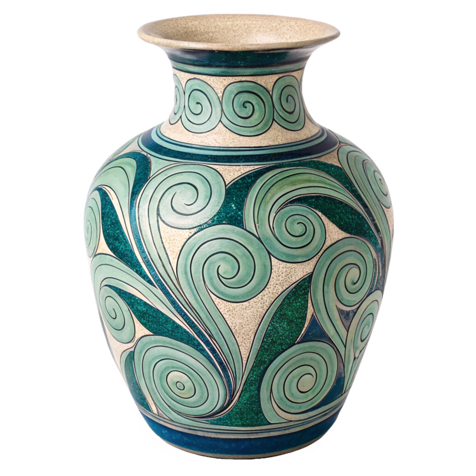 Elegant Handcrafted Ceramic Vase with Teal and Beige Swirl Design png