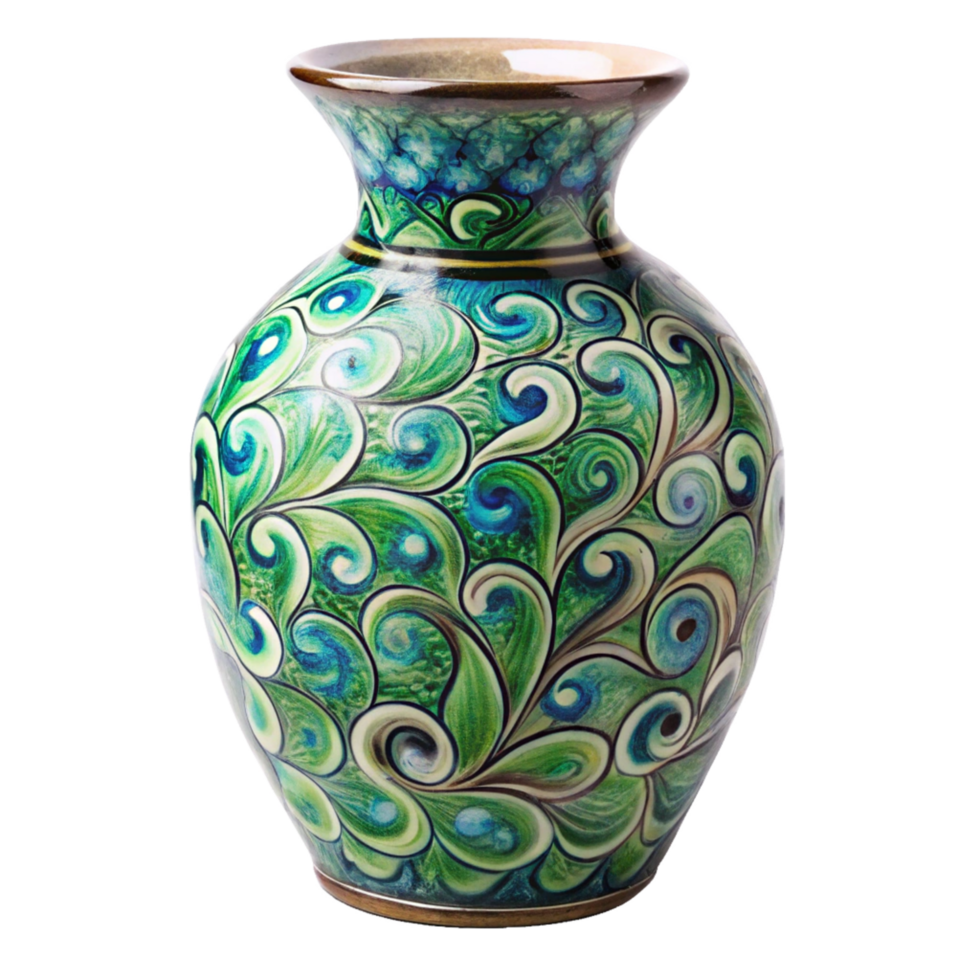 Stunning HandPainted Ceramic Vase with Intricate Peacock Feather Design in Vibrant Green and Blue Hues png