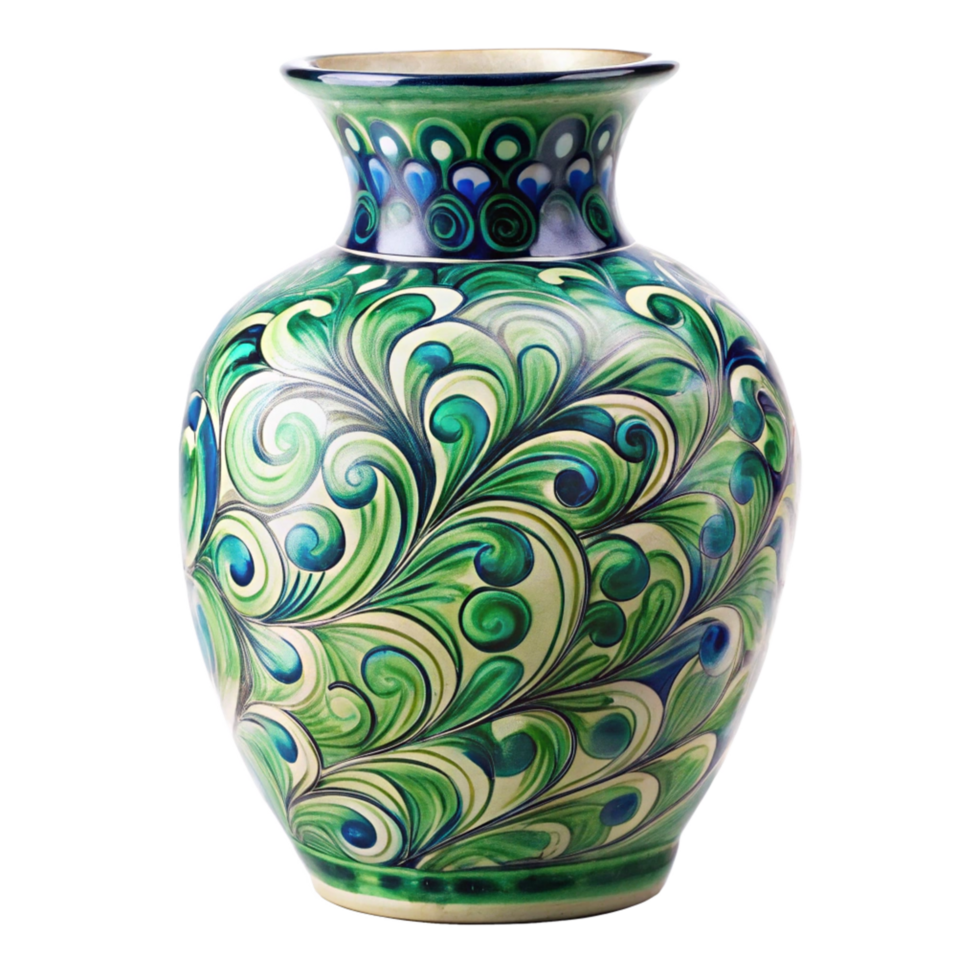 Handpainted ceramic vase with swirling peacock feather design in shades of green and blue png