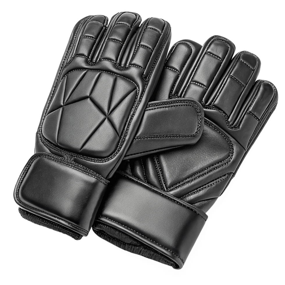 Pair of Black Leather Goalkeeper Gloves with Protective Padding png
