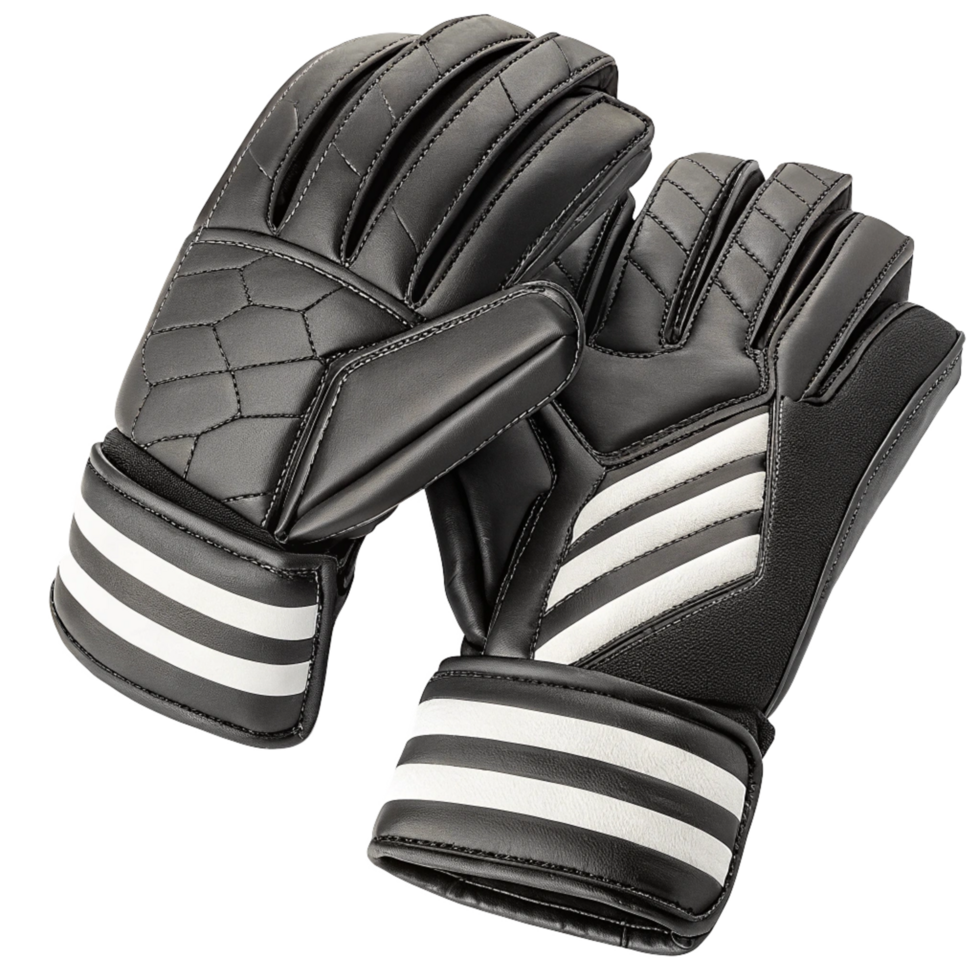 Pair of Black and White Goalkeeper Gloves with Diamond Pattern and Stripes png