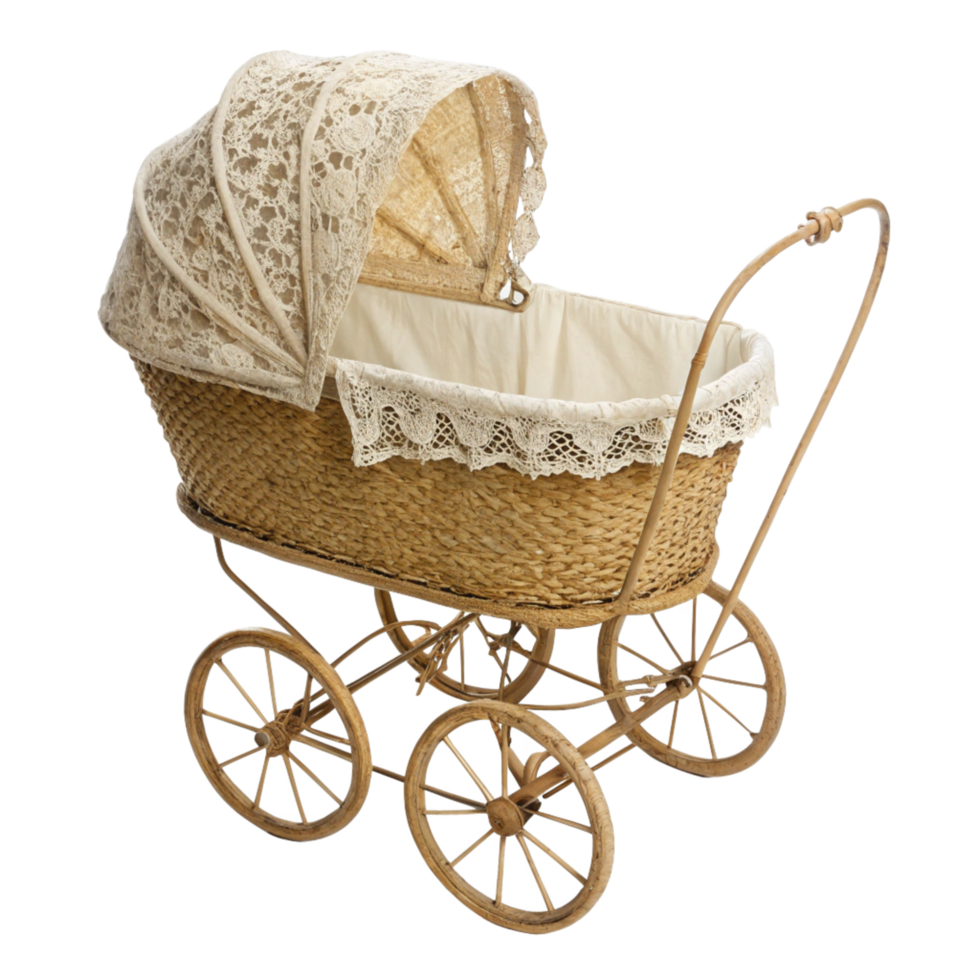Baby Carriage with Wicker Basket and Lace Canopy png