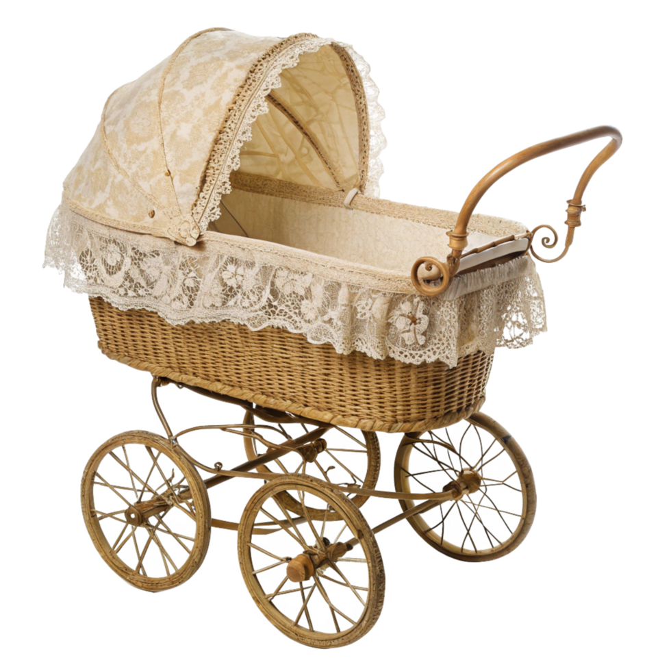 Antique Baby Carriage with Wicker Basket and Lace Trim Beautiful Vintage Pram png