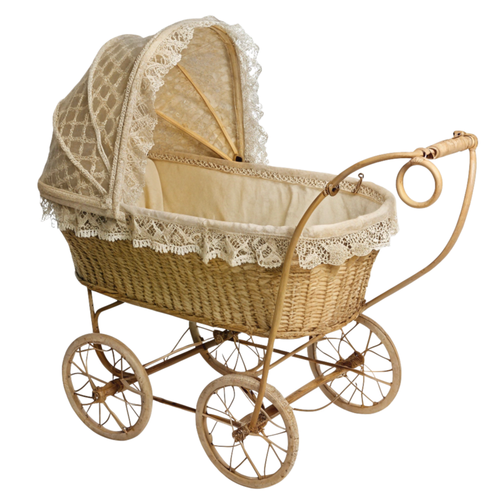 Antique Baby Carriage Wicker Pram with Lace Canopy and Wooden Wheels png