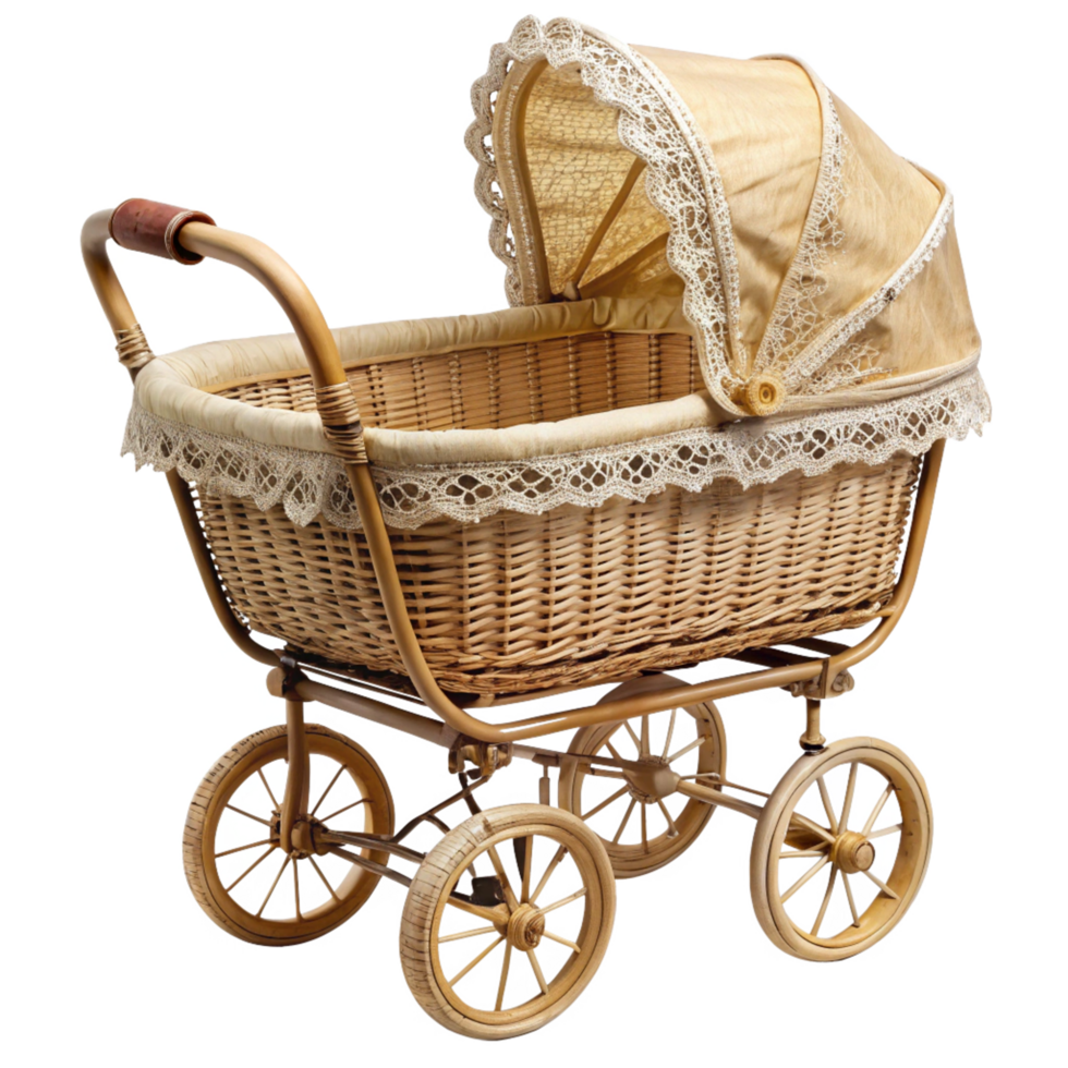 Antique Wicker Baby Carriage with Lace Trim and Canopy png