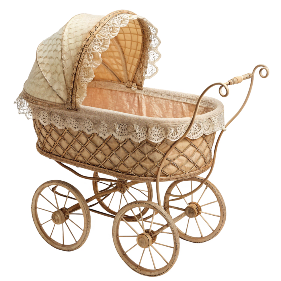Elegant Antique Baby Carriage with Lace and Intricate Wheel Design png