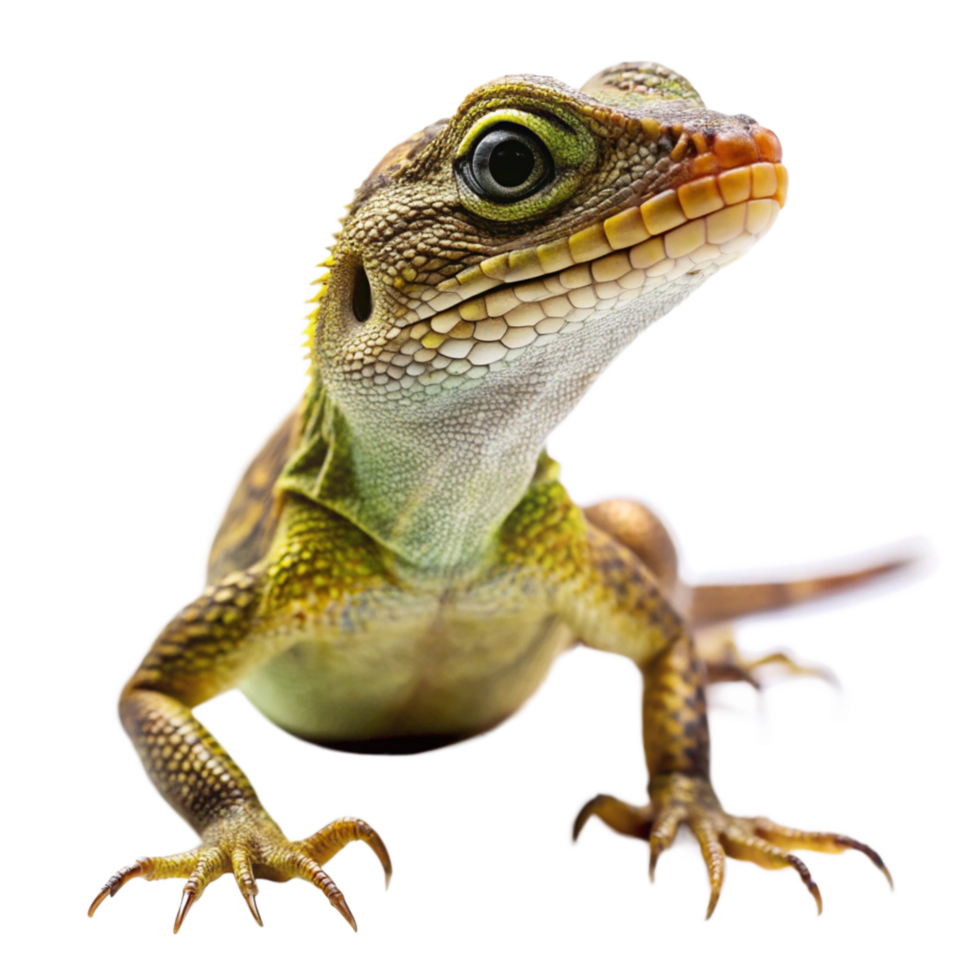 Closeup of a vibrant green and brown lizard with sharp claws against a black background png