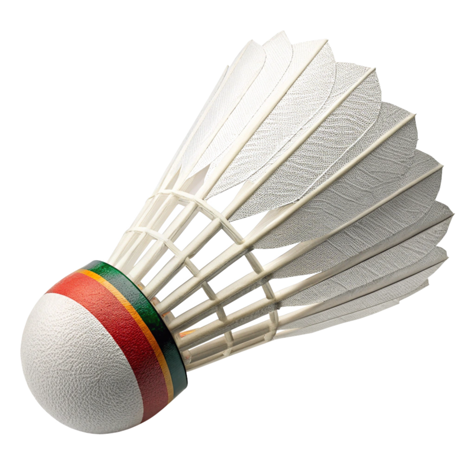 Closeup View of a Colorful Badminton Shuttlecock with Detailed Feather and Cork Base png
