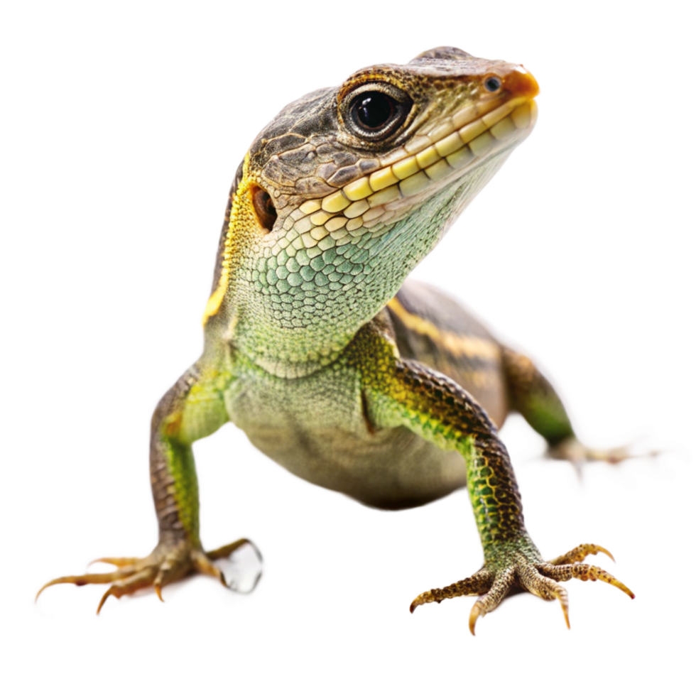 Closeup of a vibrant green and brown lizard with sharp claws on a black background png