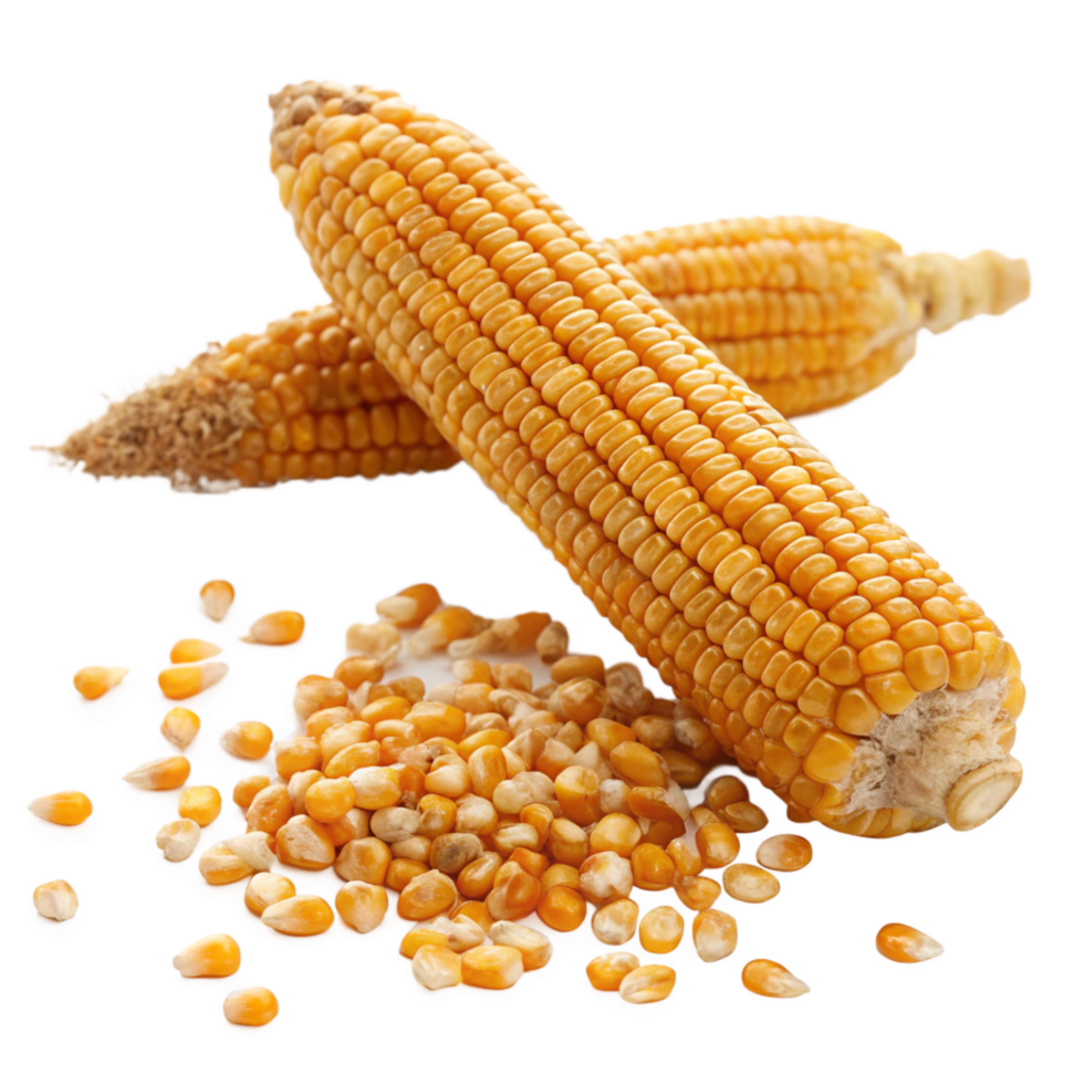 Two Ripe Ears of Corn with Scattered Kernels on a Black Background png