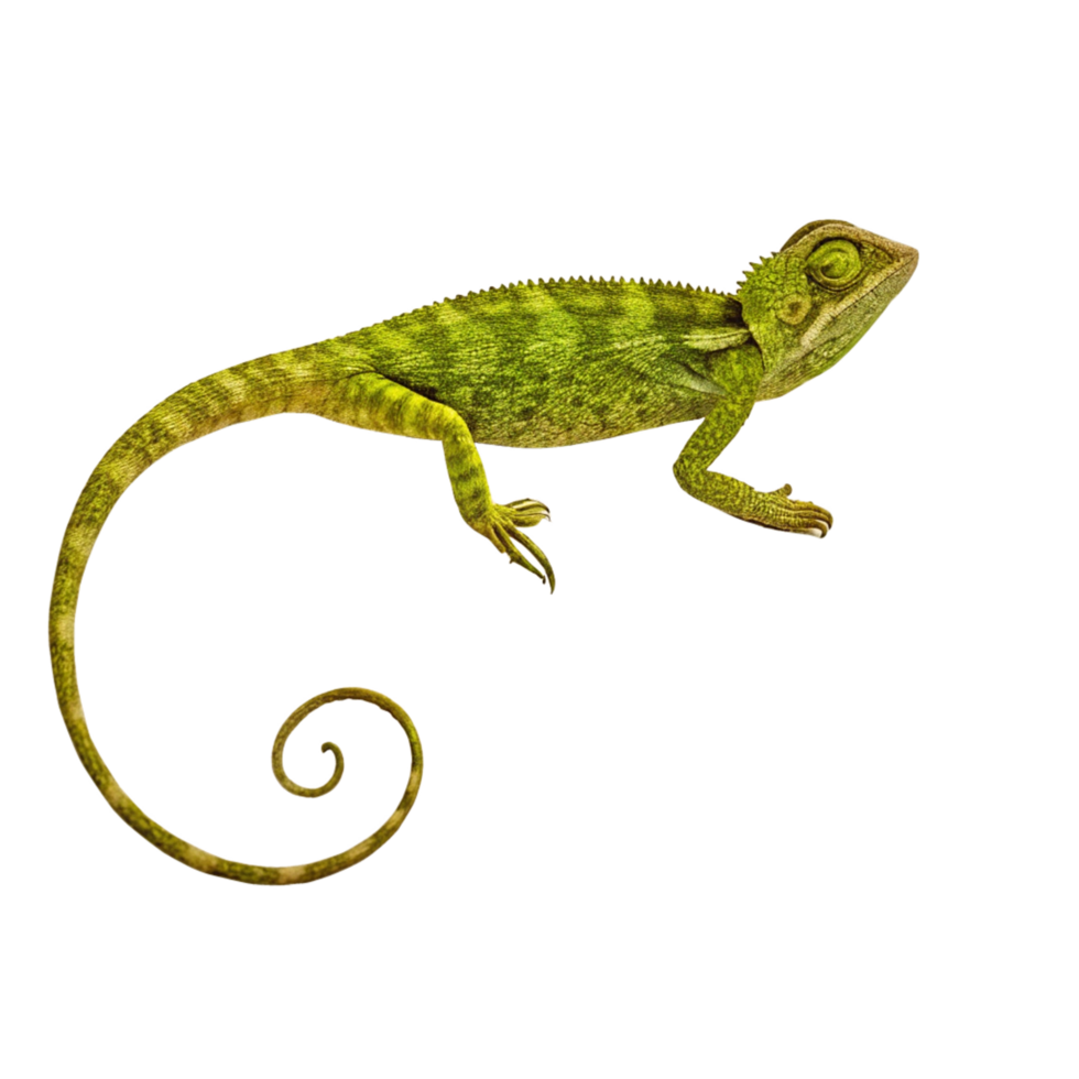A vibrant green chameleon with a curled tail isolated on a black background png