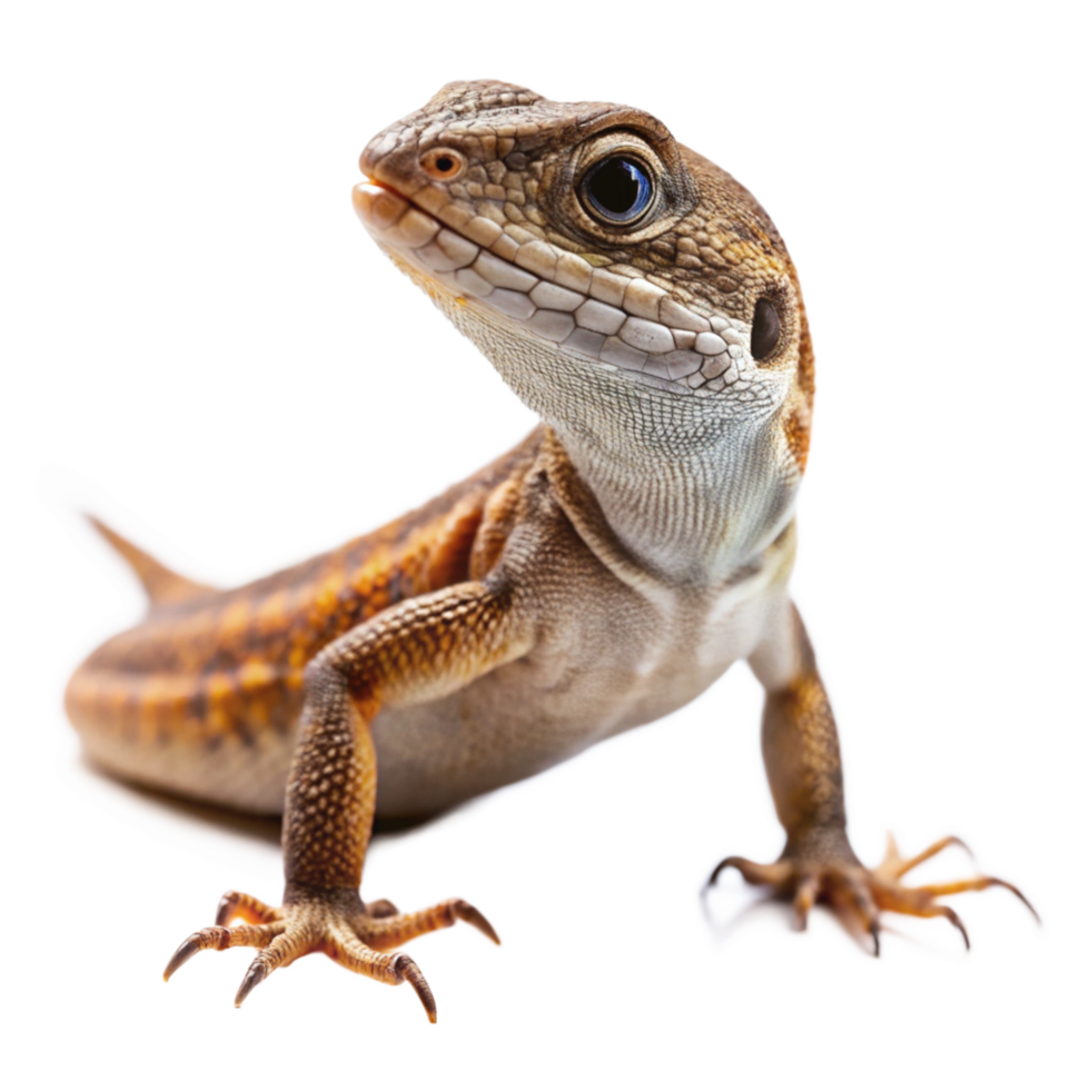 Closeup of a small lizard reptile with orange and brown scales on black background png