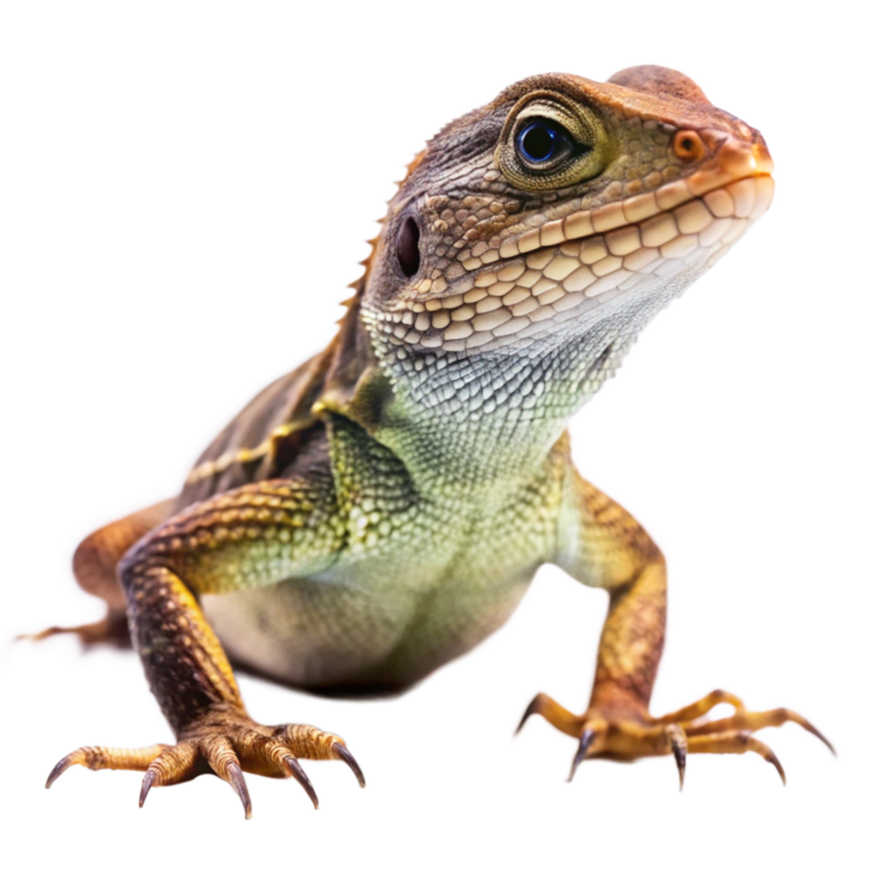 Closeup of a vibrant Brown and Green Lizard with Sharp Claws on Black Background png