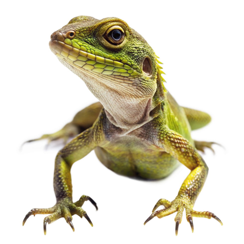 Closeup of a vibrant green lizard with sharp claws on a black background png