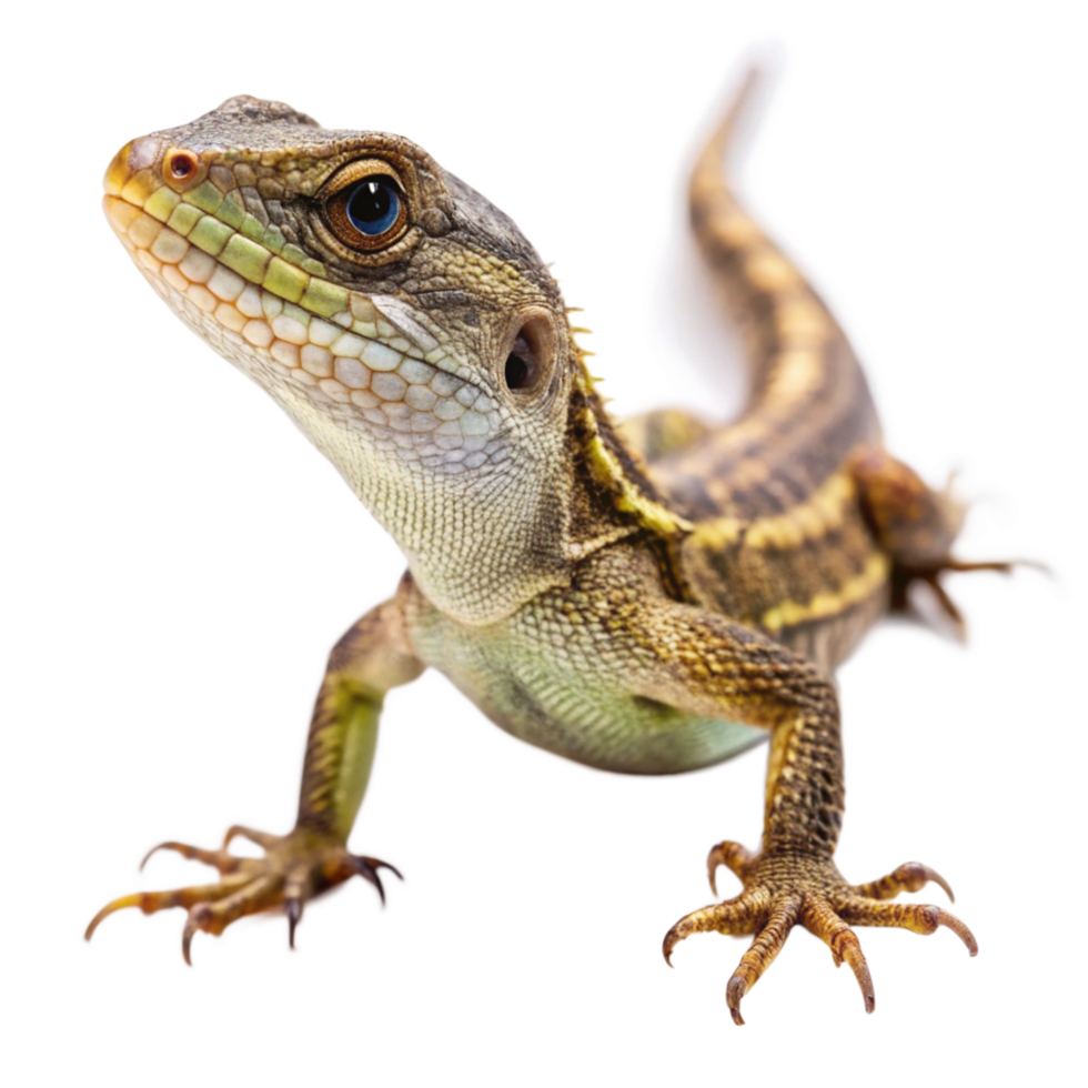 Closeup of a vibrant green and brown lizard with striking blue eyes, showcasing its detailed scales and sharp claws against a black background png