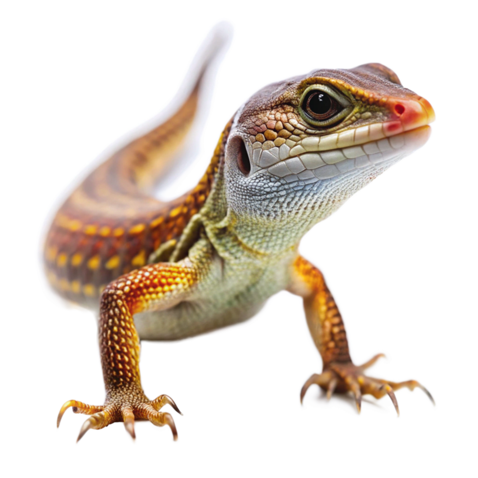 Closeup of a vibrant orange and brown lizard with a long tail and sharp claws png