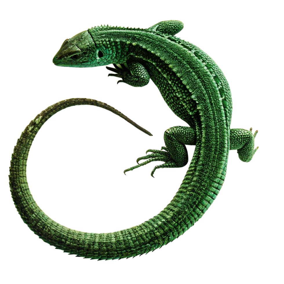 Emerald Green Lizard Curled in a Circle on Black Background, Detailed Reptile Texture png