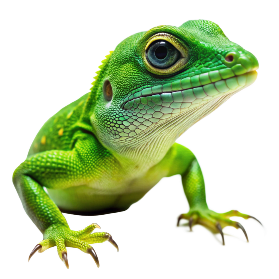 Closeup of a vibrant green lizard with striking blue eyes and sharp claws png