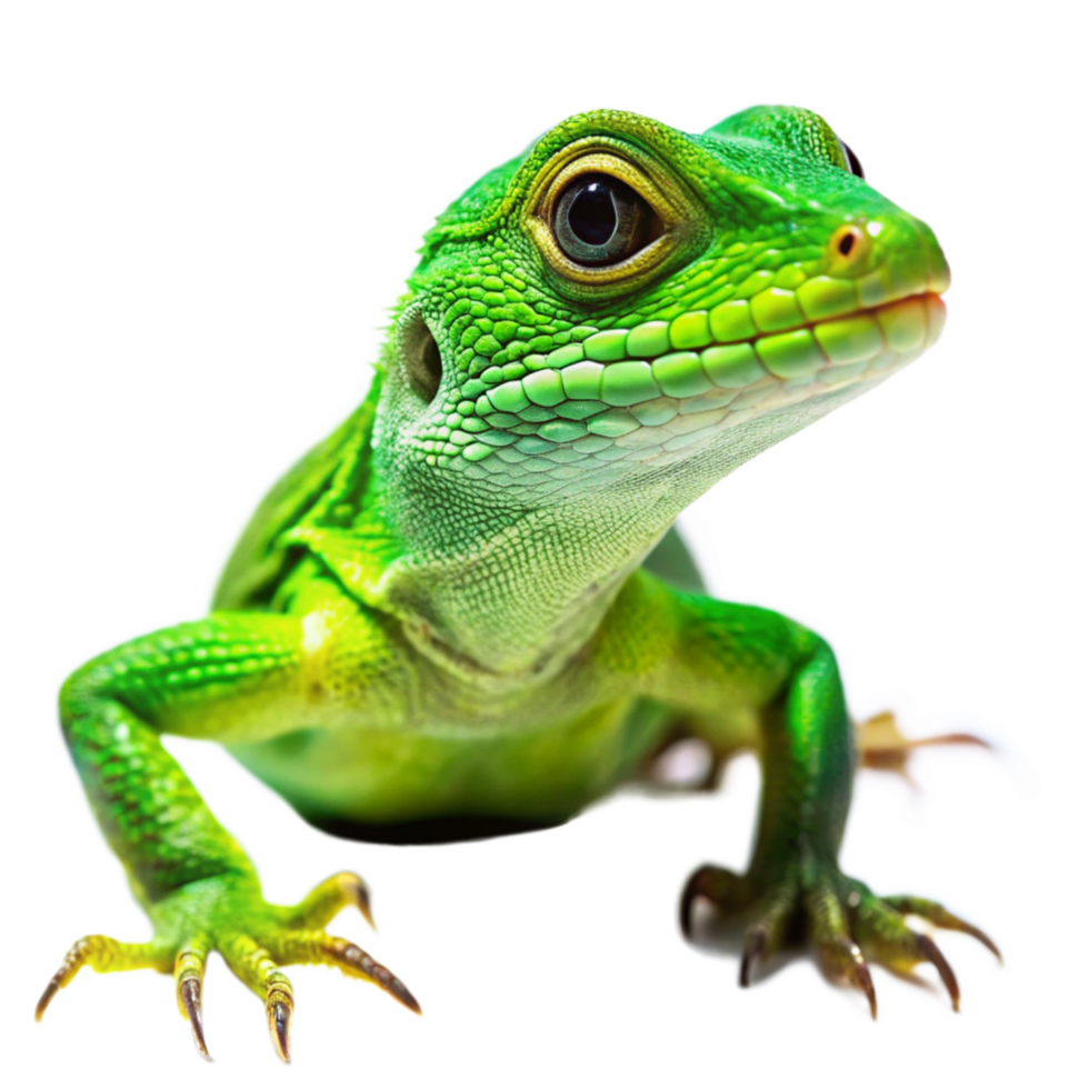Closeup of a vibrant green lizard with striking eyes and sharp claws on a black background png