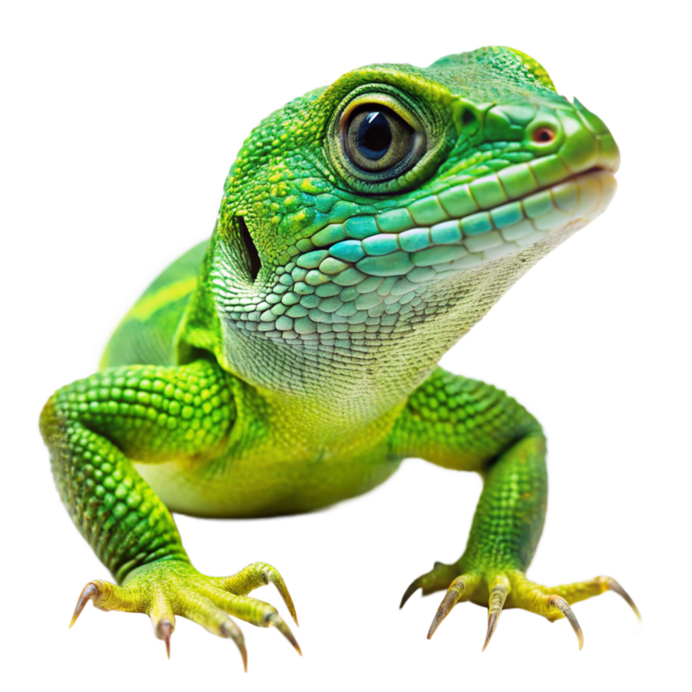 Vibrant Green Lizard Closeup Striking Pose on Black Background Detailed Texture Scales Claws png
