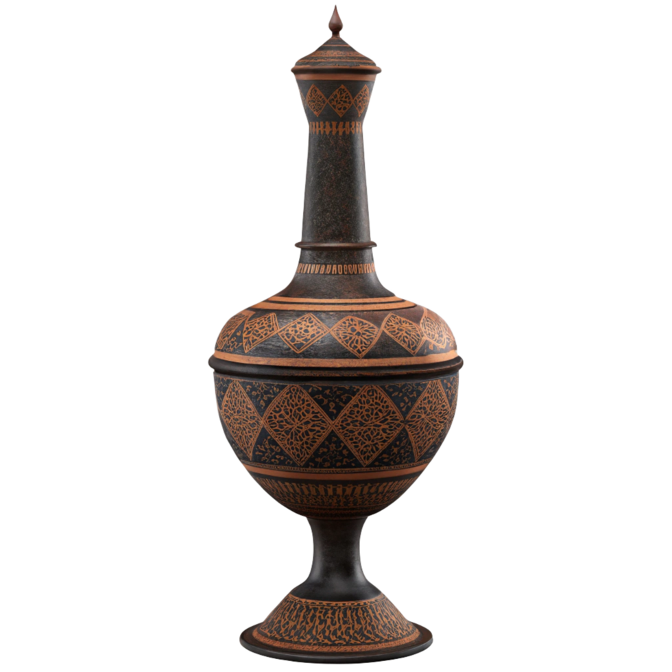 Elegant AncientStyle Ceramic Vessel with Intricate Orange and Black Designs png