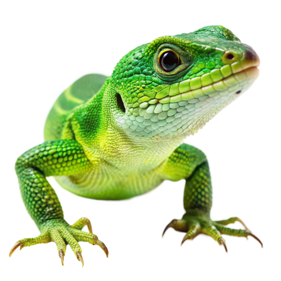 Closeup of a vibrant green lizard reptile with sharp claws and intricate scales on a black background png