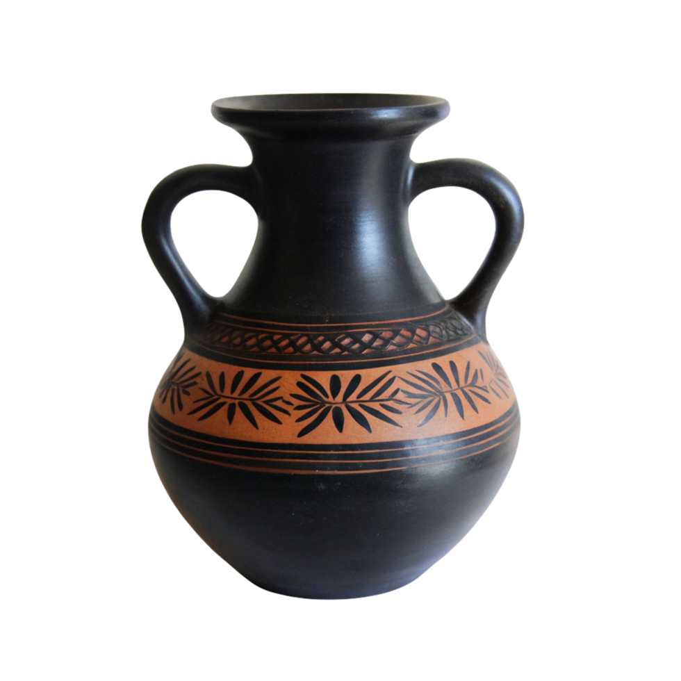 Elegant Black and Orange Greek Style Pottery Vase with Two Handles png