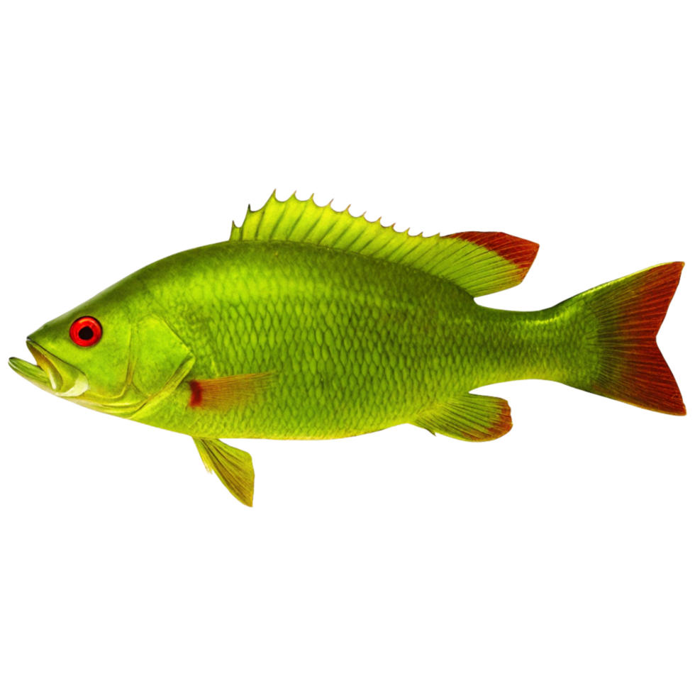 Vibrant Green Fish with Red Fins Isolated on Black Background A Stunning Aquatic Specimen png