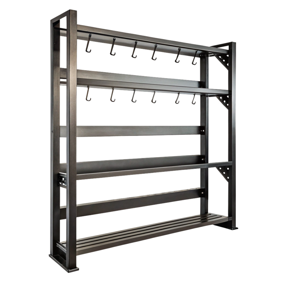 HeavyDuty Industrial Metal Storage Rack with Multiple Shelves and Hooks png
